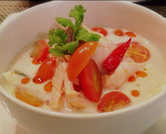 Galangal salmon in light coconut broth