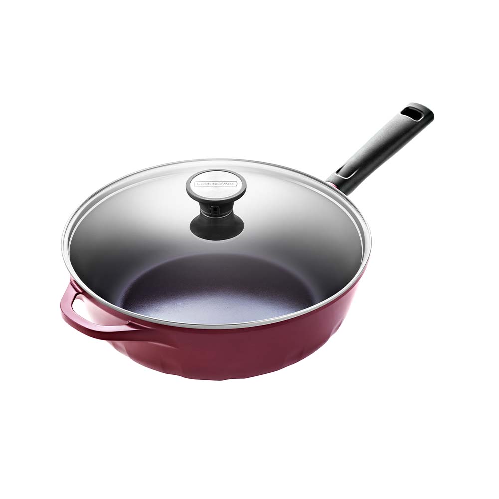 Corningware Retroflam Wok 30cm with Glass Lid - Red Ruby