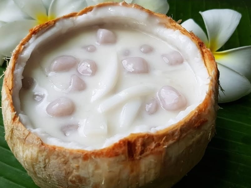 Warmed coated sweet yam in young coconut