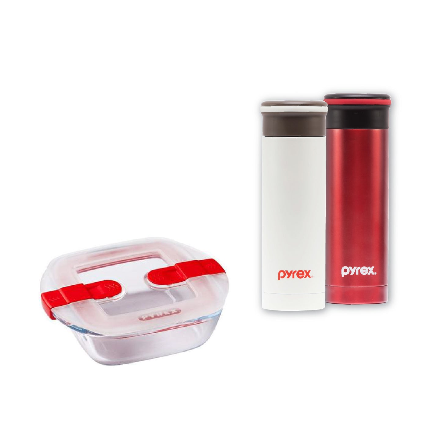 Pyrex Square Dish with Lid 1L & Easy Grip Tumbler 300ml (Red & White)
